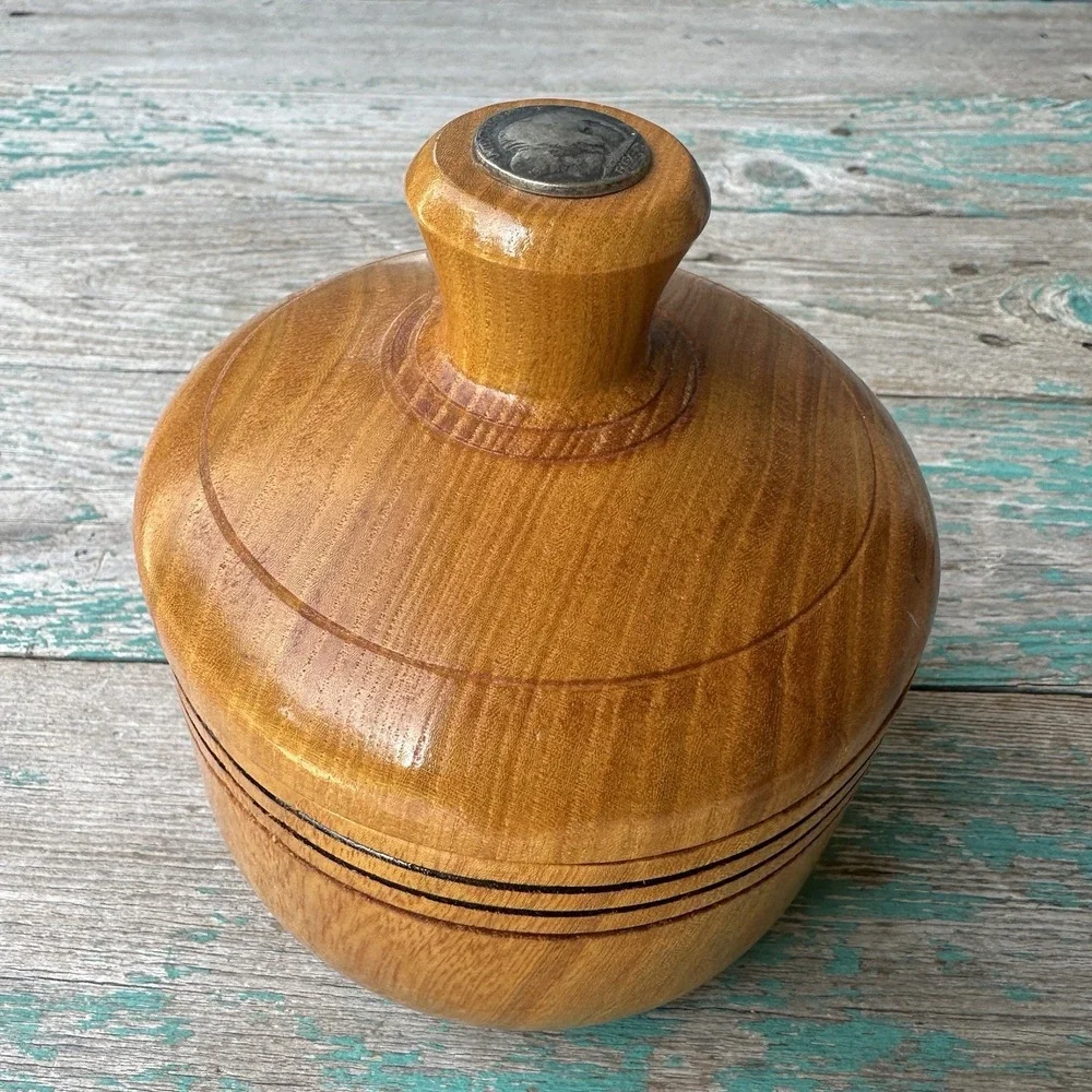 Vintage Trinket Box 5.1 Inch Hand Turned Wood Jewelry Lid Buffalo Nickel Insert